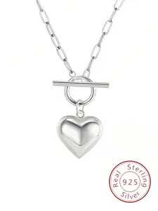 S925 Sterling Silver Heart Shaped Pendant Necklace for Women, Elegant OT Buckle Design Necklace for Gift, Fashion All-match Jewelry Accessories, Love Necklace