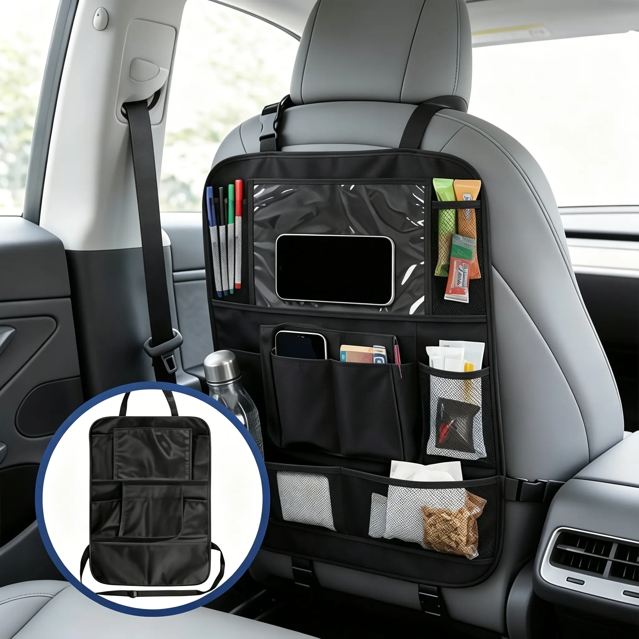 Car Seat Back Storage Organizer - Backseat Car Organizer with Multi-Pockets, Durable Foldable and Hanging Caddy, Large Capacity for Tablet, Water Bottles, Snacks, Kids' Travel Essentials, Space-Saving Clutter-Free Auto Accessory, Road Trips