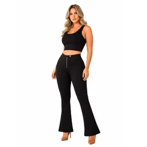 Stagmi SMI1399 Lady's Black Short Wide Leg Shaping Leggings - Chic, Elegant, Polyester Smooth Fabric, Spandex, Women's Bottom, Everyday Clothes