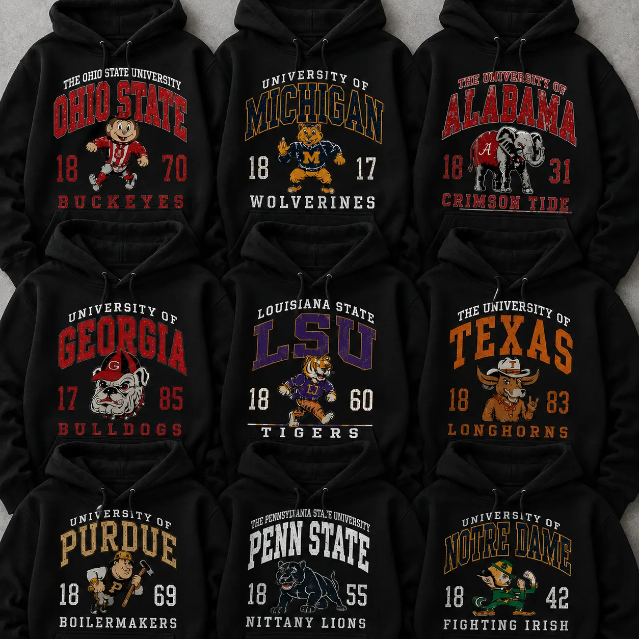 Vintage Black All Team Football Mascot Hoodies, Retro College Team Graphic Hoodie, Distressed Game Day Fan Apparel Gift for Men Women