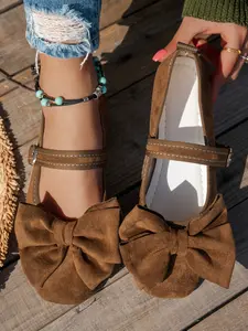 Vintage Mary Jane Shoes, Round Toe, Solid Color, Elegant Style, Textile Upper, Rubber Sole, All Seasons, Bow Flat Shoes