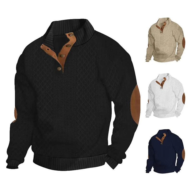 Men's Vintage Plaid Half Turtleneck Sweater Leather Elbow Patchwork Knitwear Casual Classic zip-up sweatshirt