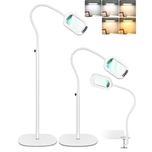 10X Rectangle Magnifying Glass with Light and Stand, 24" Flexible Gooseneck 3-in-1 Floor Lamp, 5 Color Modes Stepless Dimmable, LED Lighted Hands Free Magnifier for Reading Painting Close Work - White