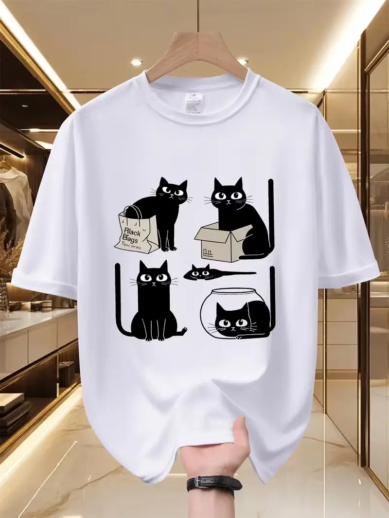 Minimalist Black Cat Cartoon Graphic T-Shirt, Cute Kitten In Box Fish Bowl Shopping Bag Print Tee, Gift For Cat Lovers Men Women Cotton Short Sleeve