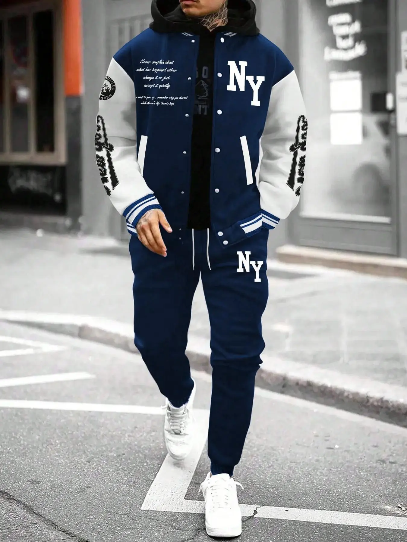 Two-Piece Set Men's Colorblock Letter Print Button Front Jacket & Drawstring Waist Sweatpants, Regular Fit Casual Long Sleeve Outerwear & Pocket Jogger Pants, Men's Outfits for Fall & Winter, Outfit Sets, Casual Clothing Set