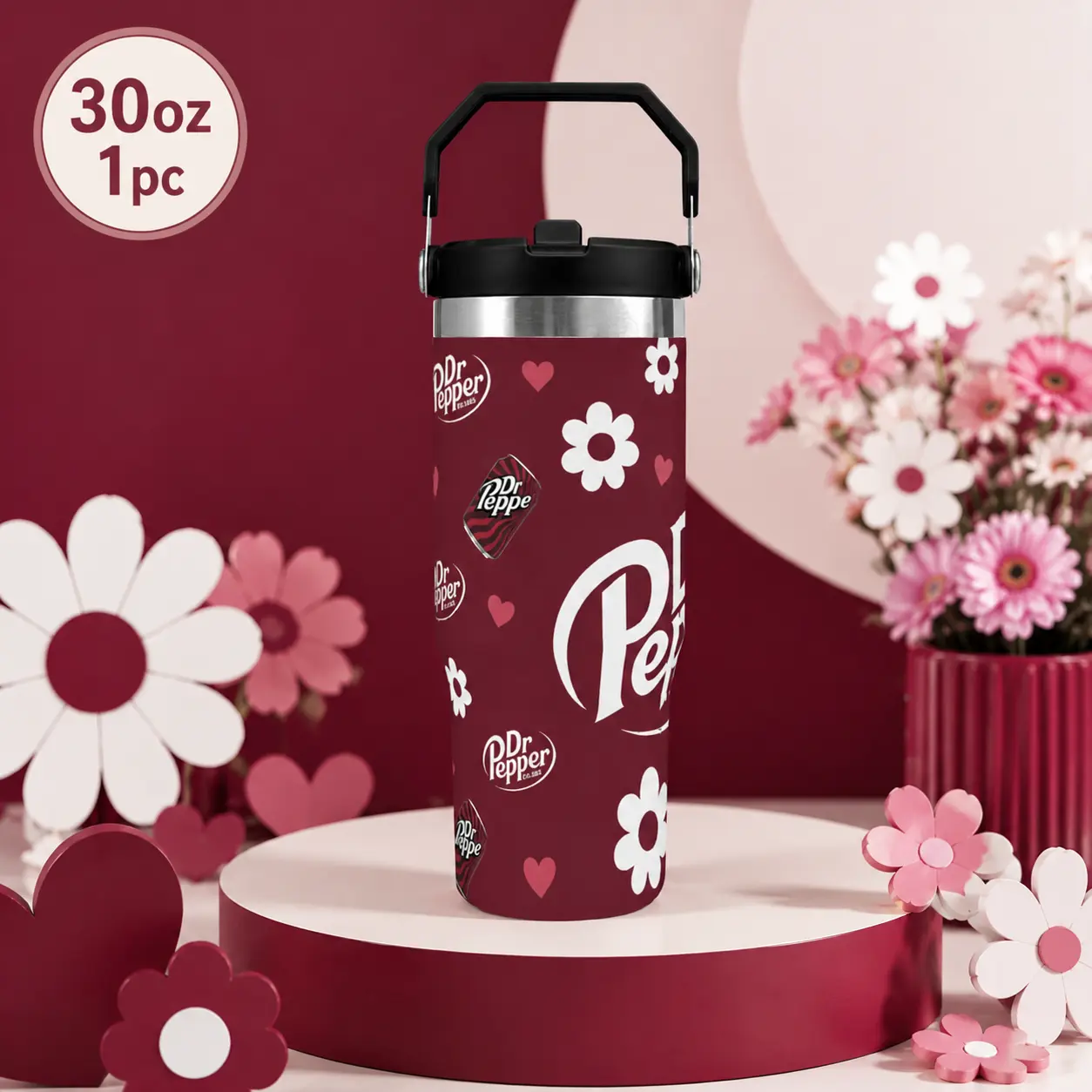 30oz Stylish DrPepper Stainless Steel Insulated Tumbler Flask - Round Shape, Handle Lid, Straw, Leak-Proof, Large Capacity Reusable Cup for Coffee, Tea, Home/Car Use, Pepper Lovers' Essential Gift