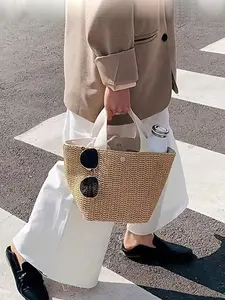 Boho Style Straw Bucket Handbag, Bohemian Straw Bag, Durable Fabric Beach & Camping Accessory, Ideal Gift for Women, All-Season Use