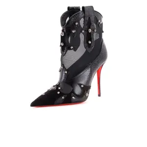 Pre-owned Christian Louboutin Women's Bootytiag Western Booties Crocodile Embossed Leather with Suede and Mesh by Rebag
