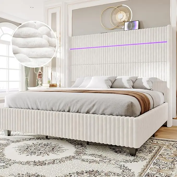 [SummerSale] AMERLIFE Modern LED Bed Frame with Charging Station, Corduroy Upholstered Platform Bed with 60" Tall Wingback Headboard/No Box Spring Needed/Luxury Furniture Home Design/Queen/King Size/Best Gift Ideas/Christmas Gifts