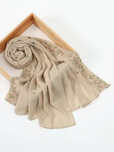 Women's Muslim Hijab Scarf, Embroidered Floral Design, Soft Silk Fabric, Stylish & Comfortable Headscarf for Women