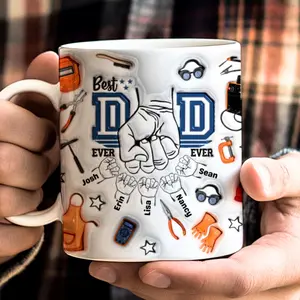 Personalized Father’s Day Mug 2D Printed 3D Effect Fist Bump Coffee Cup with Dad’s Tools, Custom Kids Names Gift for Dad Grandpa, Durable Ceramic Mug for Father, Birthday Appreciation Gift Idea from Son Daughter Family