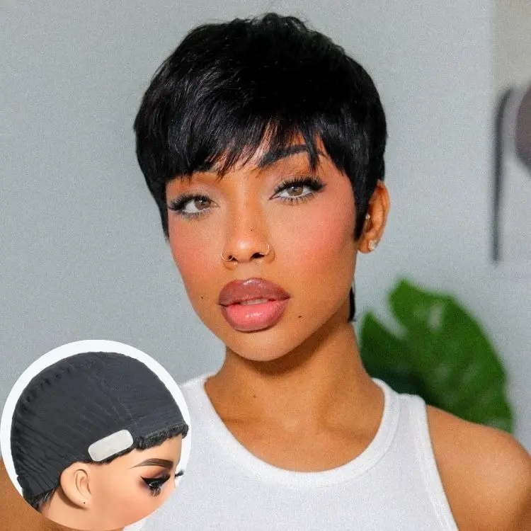 LUVME Throw On & Go Short Cut Rihanna-Style / Short Bouncy Curls with Bangs Wig Ultra Comfort Cotton Cap Glueless Wig Hair Loss Friendly