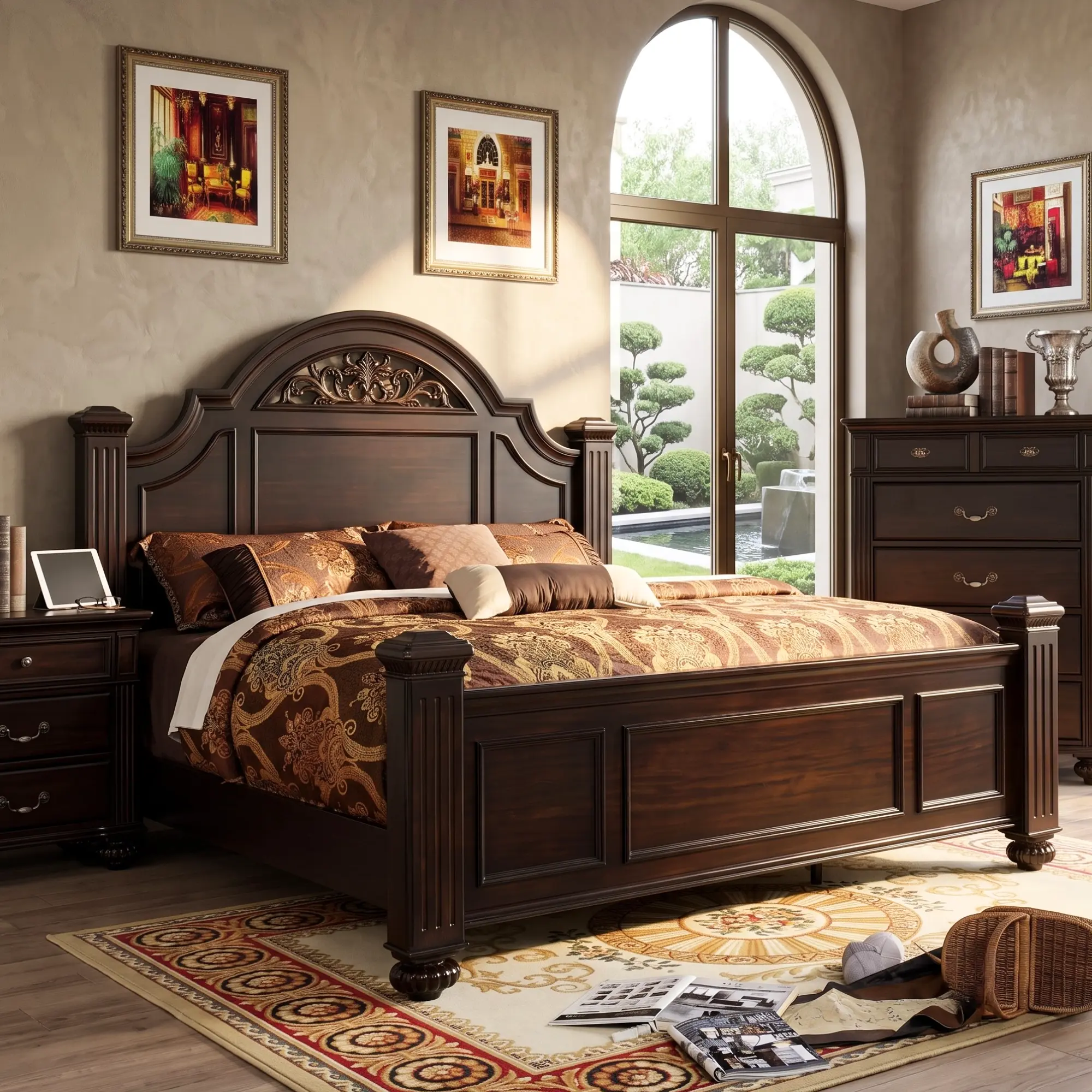 SYRACUSE Classic Traditional Sturdy Solid Wood California King/Eastern King Bed Frame with Headboard, Carved Accents, Wooden Slatted Support, Durable Structure, Foundation Required, Assembly Required Indoor Bedroom Furniture Decor Piece