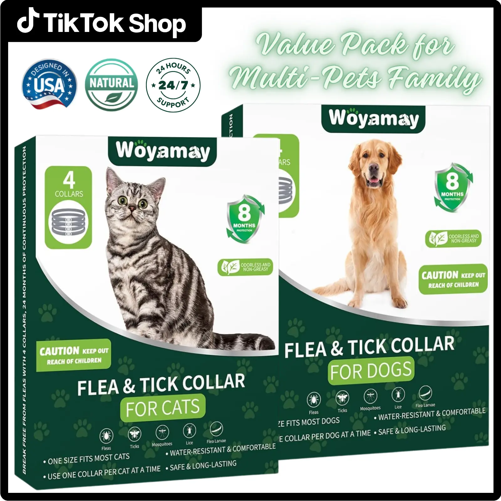Dog & Cat Flea and Tick Prevention Collar with Natural Essential Oil, 4 Pcs Flea, Tick, Larvae Repellent Collars for Dogs Cats 32 Months Protection, Waterproof Adjustable Collar One Size Fits All Sizes Breeds, Odorless & Non-Greasy