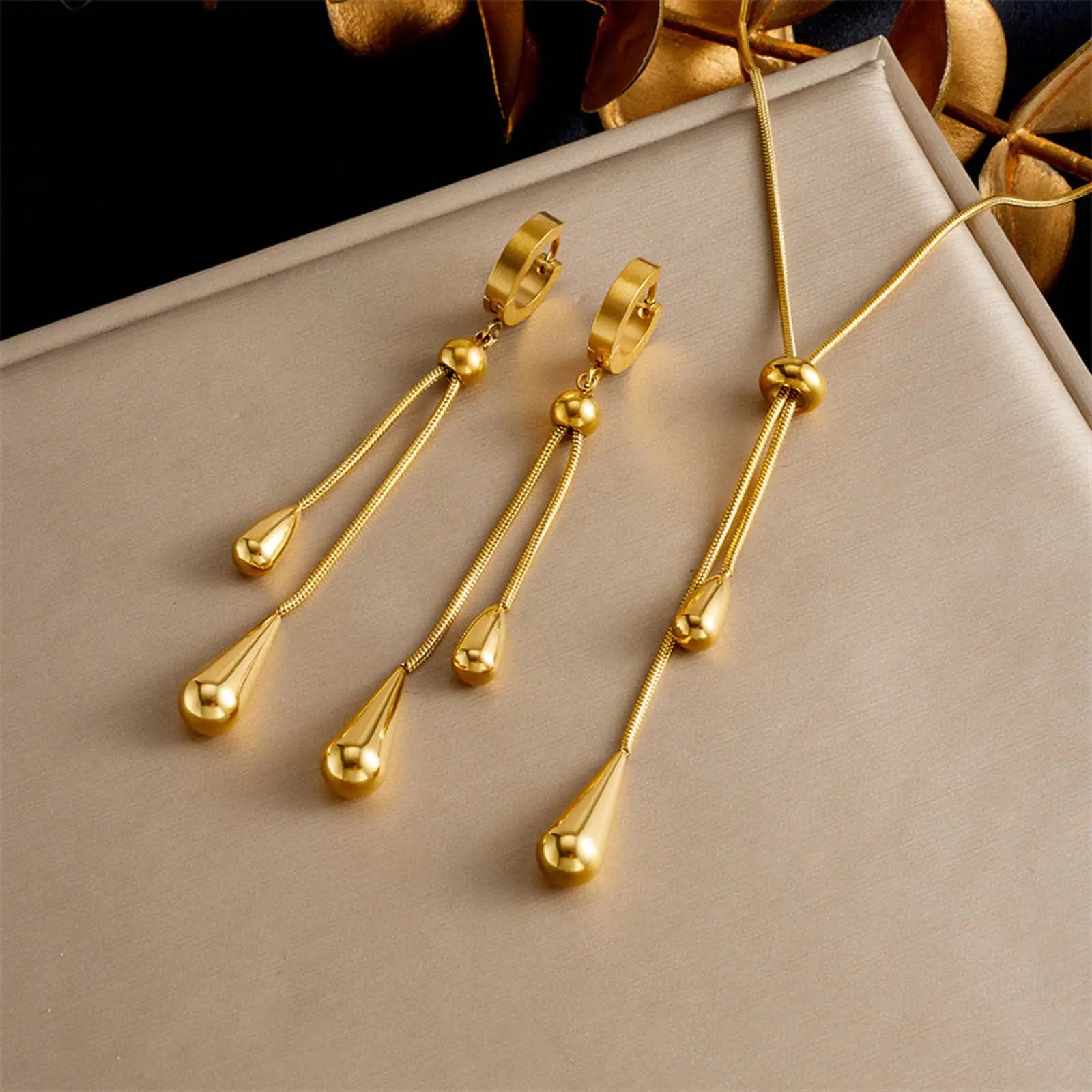 Women's 2-Piece Matching Set, Contemporary Teardrop Necklace & Earrings in Gold-Tone, Adjustable Chain for Female Casual Style, Daily, Elegant, Everyday, Metal Coating, Customizable, Simple, Chic Artificial Gemstone Necklaces & Pendants, Synthetic/Simulat