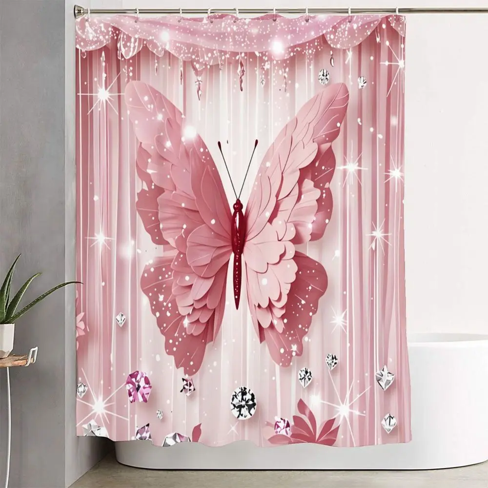 1/4pcs Pink Butterfly Bathroom Decor Set, Aesthetic Bathroom Decor, with Ruffled Valance Shower Curtain Sets, Glittering Gem Accents, Coordinating Bathroom Mats & Toilet Lid Covers - Perfect for a Romantic, Glamorous Home Makeover!