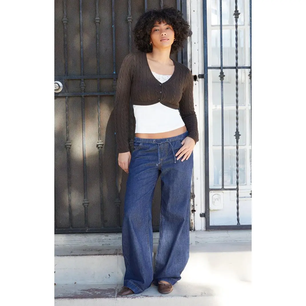 John Galt Women's Brown Cable Knit Cropped Cardigan John Galt Women's Brown Cable Knit Cropped Cardigan