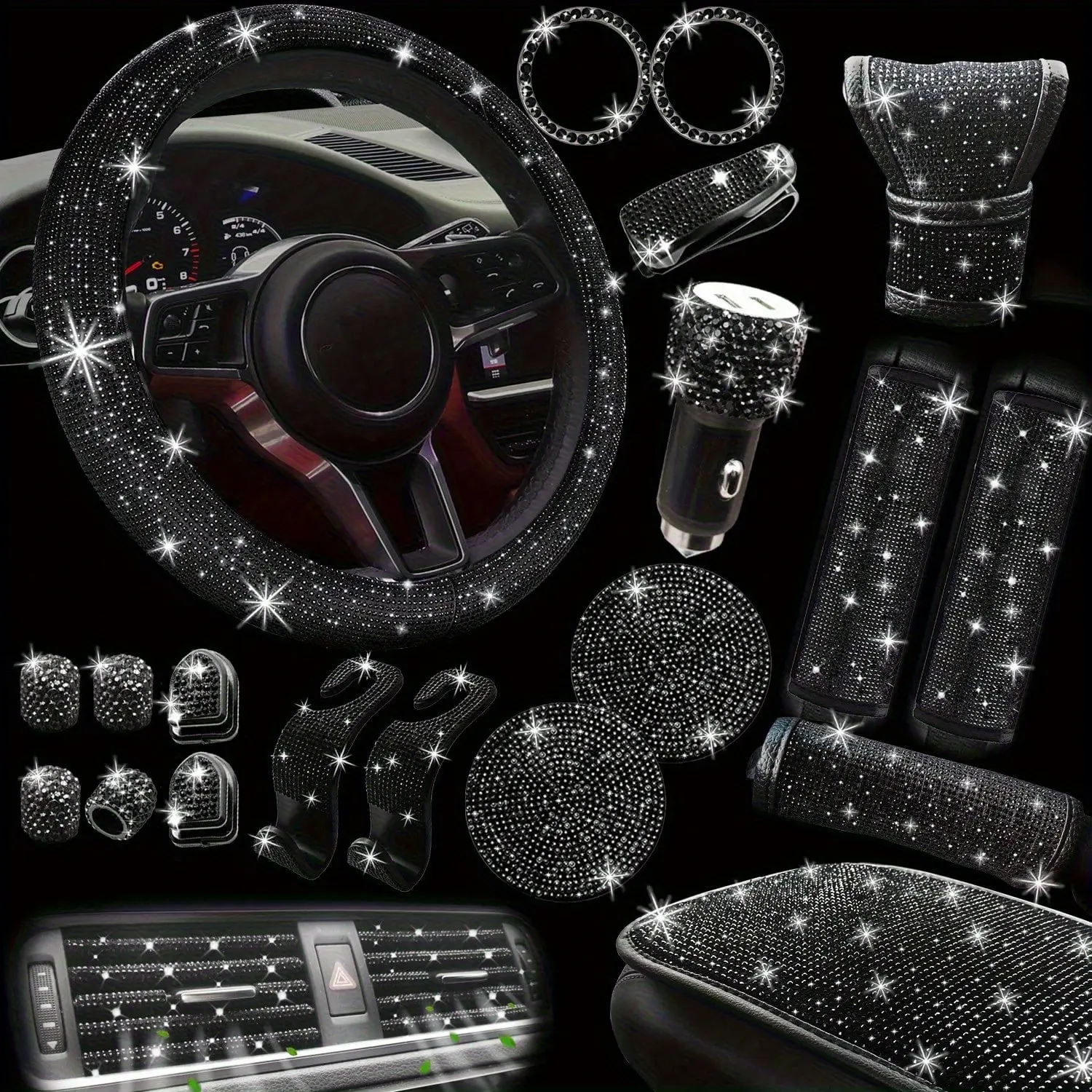 Sparklezone 30-Piece Bling Car Accessories Set for Women Universal Fit 15 Inch Steering Wheel Covers Seat Belt Pads Armrest Covers Gear Shift Covers with Feminine Rhinestones Decorative Accents