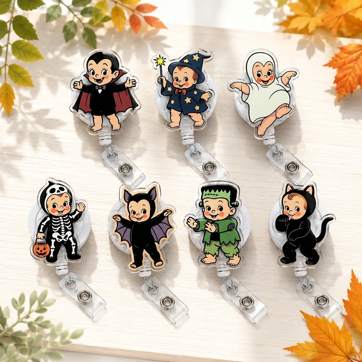Spooky Halloween Badge Reel Set, Aesthetic Retro Costume Retractable ID Holder, Nurse Clip