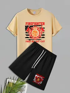 Men's Firefighter Print Short Sleeve Tee & Shorts Two-piece Set, Regular Fit Casual Round Neck T-shirt & Shorts, Men's Two-piece Outfits for Daily Wear
