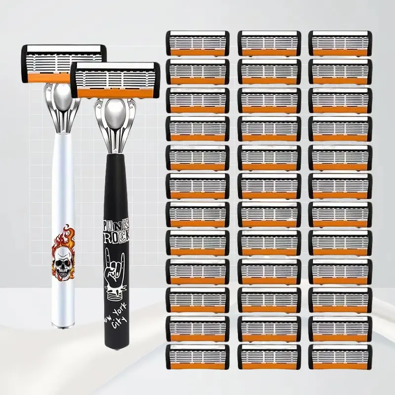 Manual Shaving Facial Razor Set with Stainless Steel Blade Holder, Anti-Cut Handle, Professional Sharp Blades, Manual Shaver, Razors Set, Replacement Blades, Daily Care Tool for Men, Suitable for All Ages, Complete Set