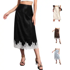 Yimoon Lace Trim Satin Midi Skirt for Women Elegant Elastic Waistband Cocktail Party Flowy A Line Silk Skirt