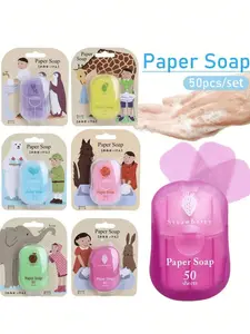 Disposable mini scented travel soap sheets, 50 sheets per pack, cartoon set, portable hand soap sheets, suitable for outdoor travel, boxed design, stain-free, easy to carry, beach vacation, school supplies, travel essential soap sheets.