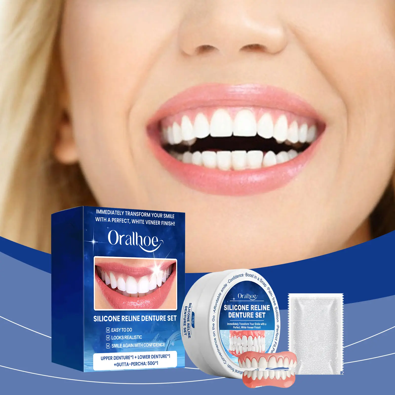 Oralhoe Cosmetic False Teeth Kit acts as a practical smile enhancer. The comfortable removable teeth covers help you build an attractive smile. Special promotion: Buy 1 Get 1 Free, total 2 sets. It relines loose dentures and cannot serve as new dentures.