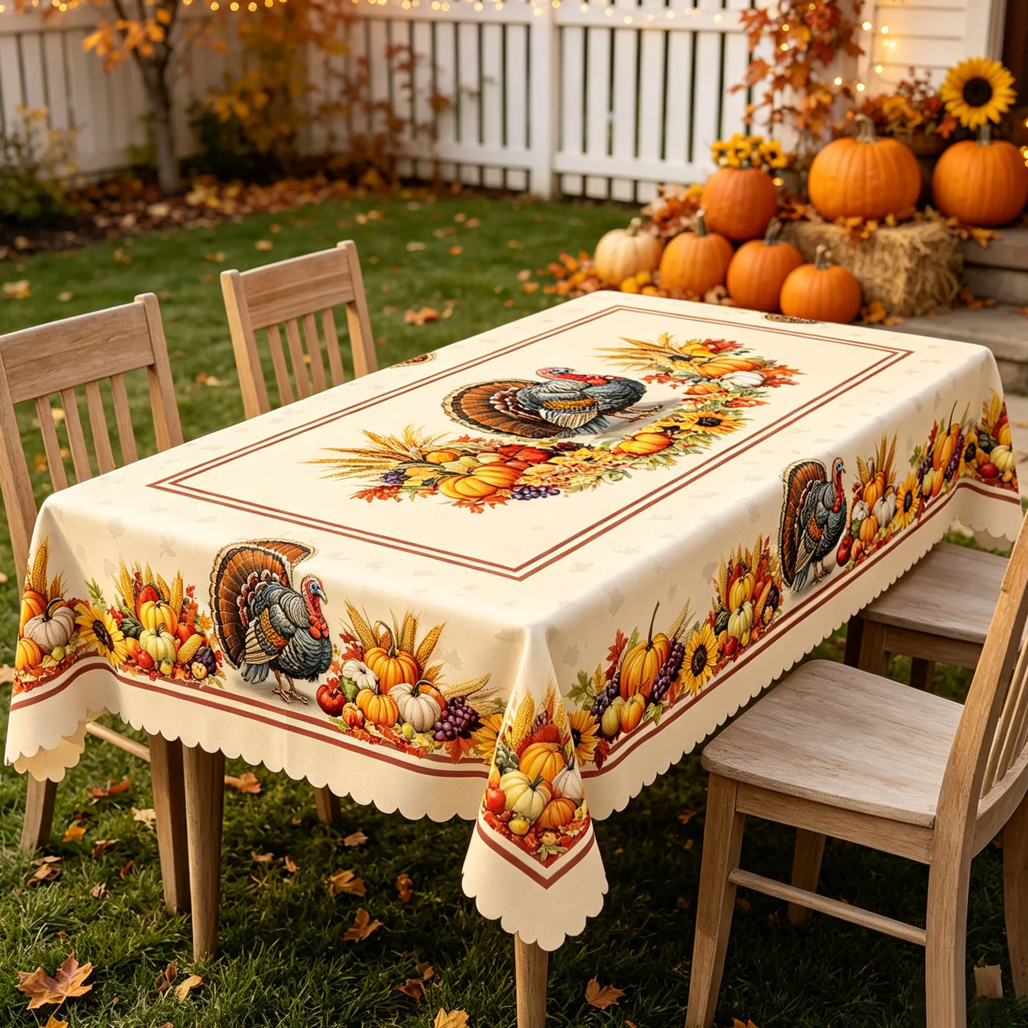 PLUMLIK Fall Harvest Tablecloth with Turkey Pumpkin Sunflower Patterns, Vintage Rectangular Round Table Cover, Autumn Decor Suitable for Thanksgiving Day Holiday Indoor Outdoor Decoration, Farmhouse Home Table Decor, Kitchen Accessories, Housewarming Gift