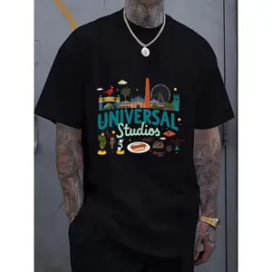 Universal Studios Cartoon Graphic 100% Crew Neck T-Shirt | Casual Multi-Color, Teal & Dark Green Text with White Outline, Tattoo-Friendly & Comfortable, Perfect for Festival Gifting