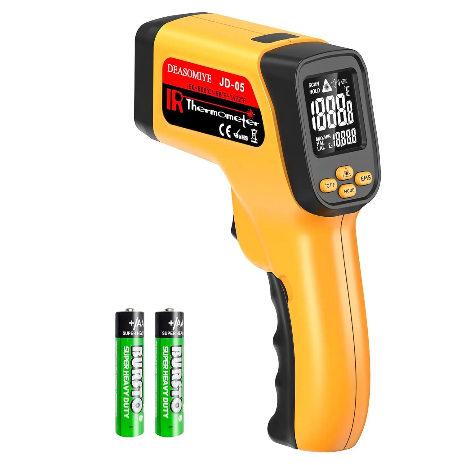 Non-Contact Infrared Kitchen Thermometer Gun - High Accuracy, -58°F to 1472°F Range, Adjustable Emissivity, Backlit LCD, Over Temp Alarm, Laser for Cooking, BBQ