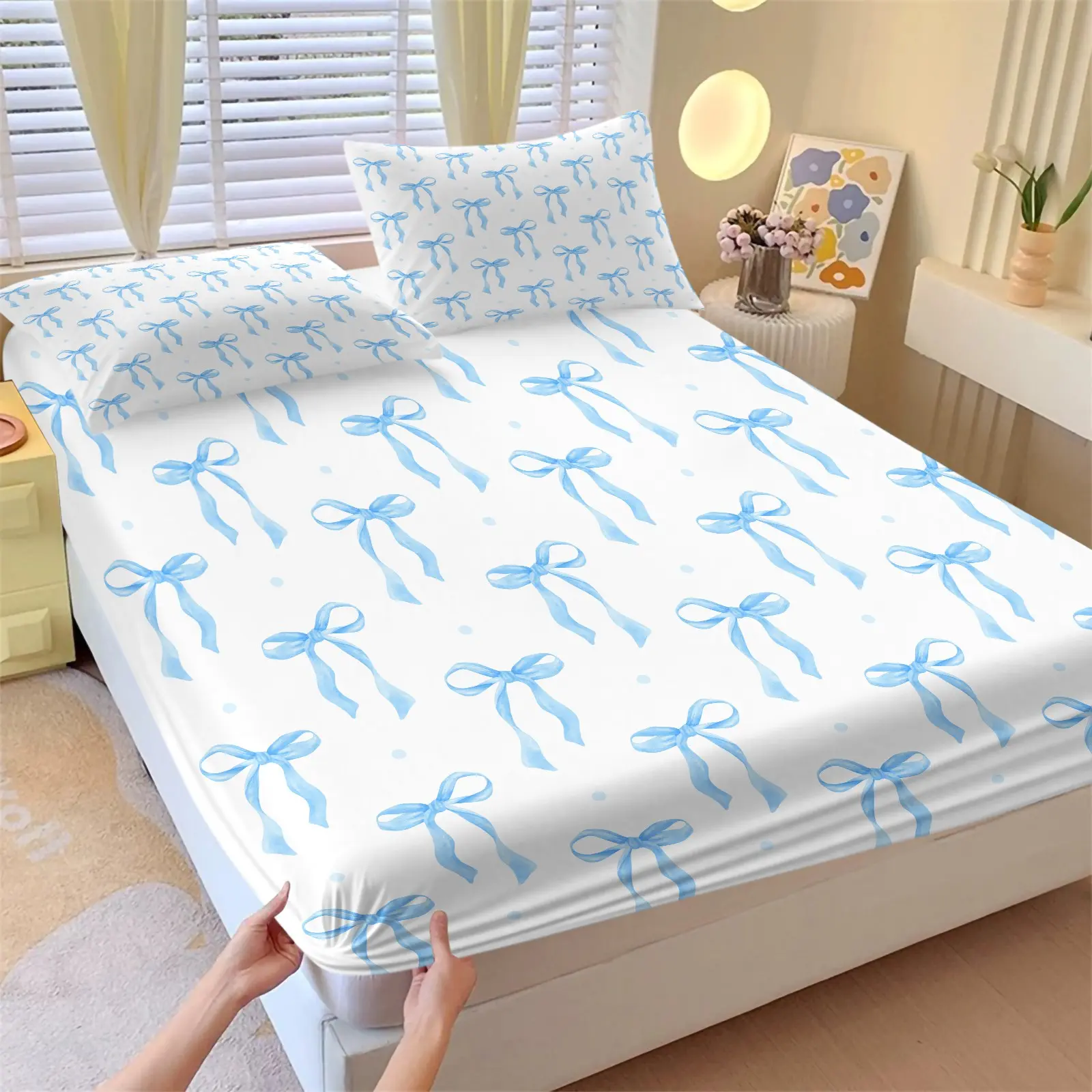Light Blue Bow Fitted Sheet Set - 3 Piece Soft Breathable Deep Pocket Bedding with 2 Pillowcases, Coquette Aesthetic Watercolor Bow Pattern Bed Sheets for Girls Bedroom Decor, Full Size Bed Sheet Sets