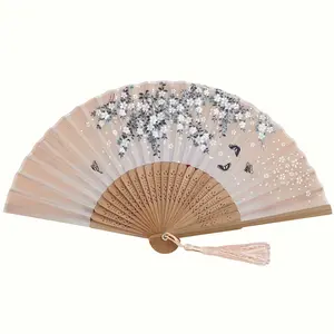 1pc Elegant Decorative Handheld Fan with Tassel - Traditional Japanese & Chinese Style, Bamboo, Vintage Charm, Beige with Floral & Bird Design, Perfect for Weddings, Parties, and Gifts, Party Accessory, Floral Pattern, Intricate Craftsmanship