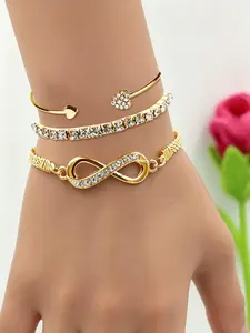 18k Women's Bracelet Set, Rhinestone Infinity Symbol + Tennis Chain + Open Bangle, Fashionable Elegant Jewelry for Daily Wear & Parties
