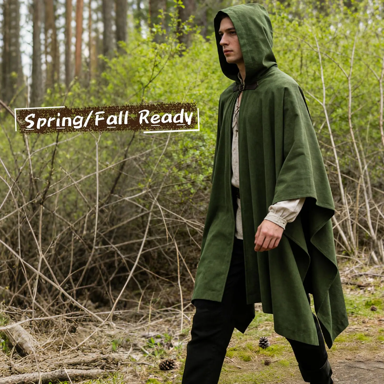 HiiFeuer Medieval Corduroy Hooded Cloak with Adjustable Brooch - Fantasy Poncho Renaissance Costume Cape, Green Scarf-Shawl for Ranger Halloween DND Cosplay, Ponyo Costume, Plain, All Seasons, Accessories, Clothes, Retro, Medieval Look, Long Cape, Attache