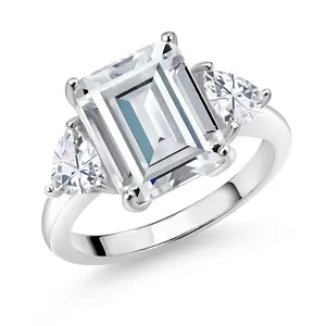 6-8 Cttw 3-Stone Ring For Women | 925 Sterling Silver | Gemstone Birthstone and White Moissanite | Emerald Cut 12X10MM | Trillion 5X5MM | Wedding Anniversary Promise Ring