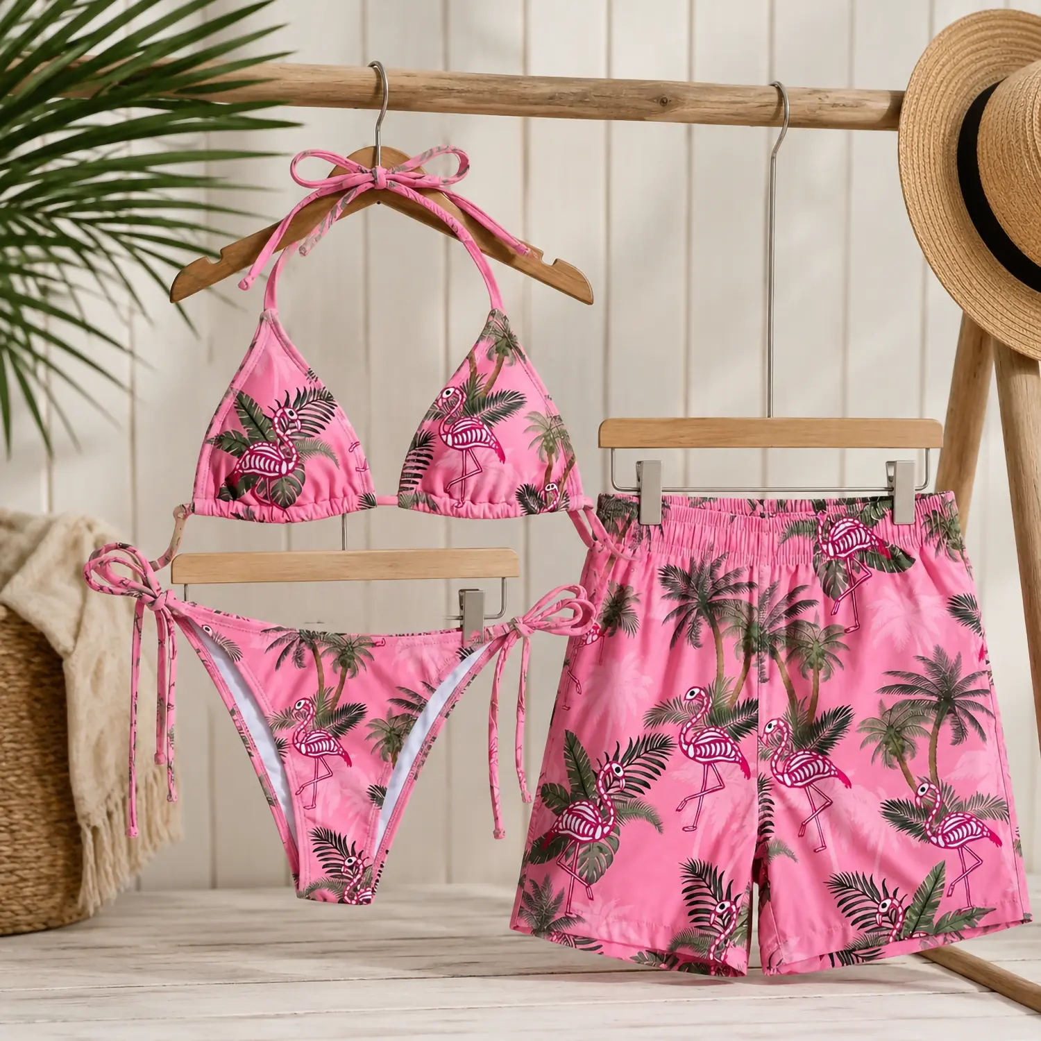 Matching Couple Flamingo Bikini and Trunks, Tropical Palm Beachwear Set, Couple Gift, Beach Vacation Wear