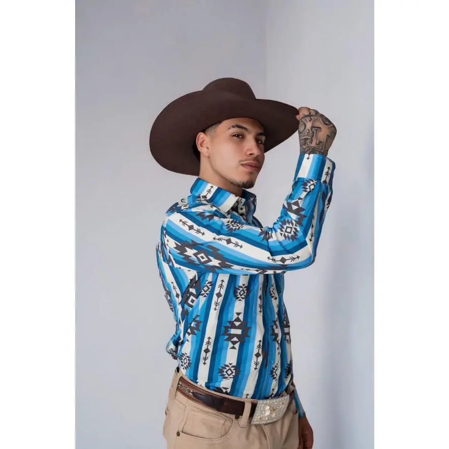 Men’s Western Aztec Pearl Snap Shirt – Blue Striped Cowboy Button Up
