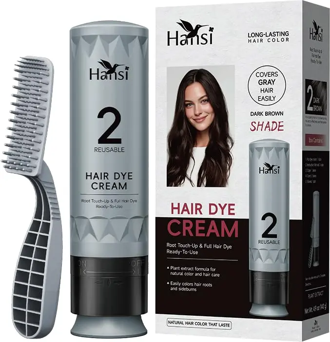 HANSI No-Mix Hair Color Cream with Applicator Comb, Gray Coverage Permanent Hair Dye, Ammonia & PPD Free for Sensitive Scalp, Professional At-Home Hair Color for Men & Women (Dark Brown)