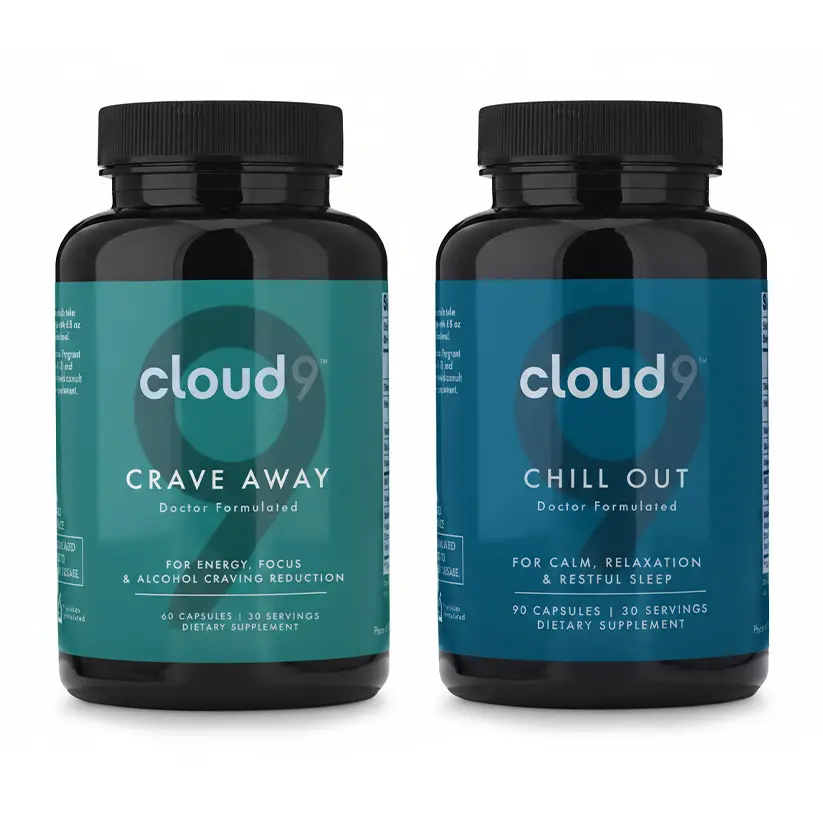 CLOUD9 Crave Away & Chill Out Vitamin Supplement Combo with Kudzu Root Extract - Reduce Alcohol Cravings, Support Restful Sleep, Stay Focused, Boost Energy - 30 Servings Capsules