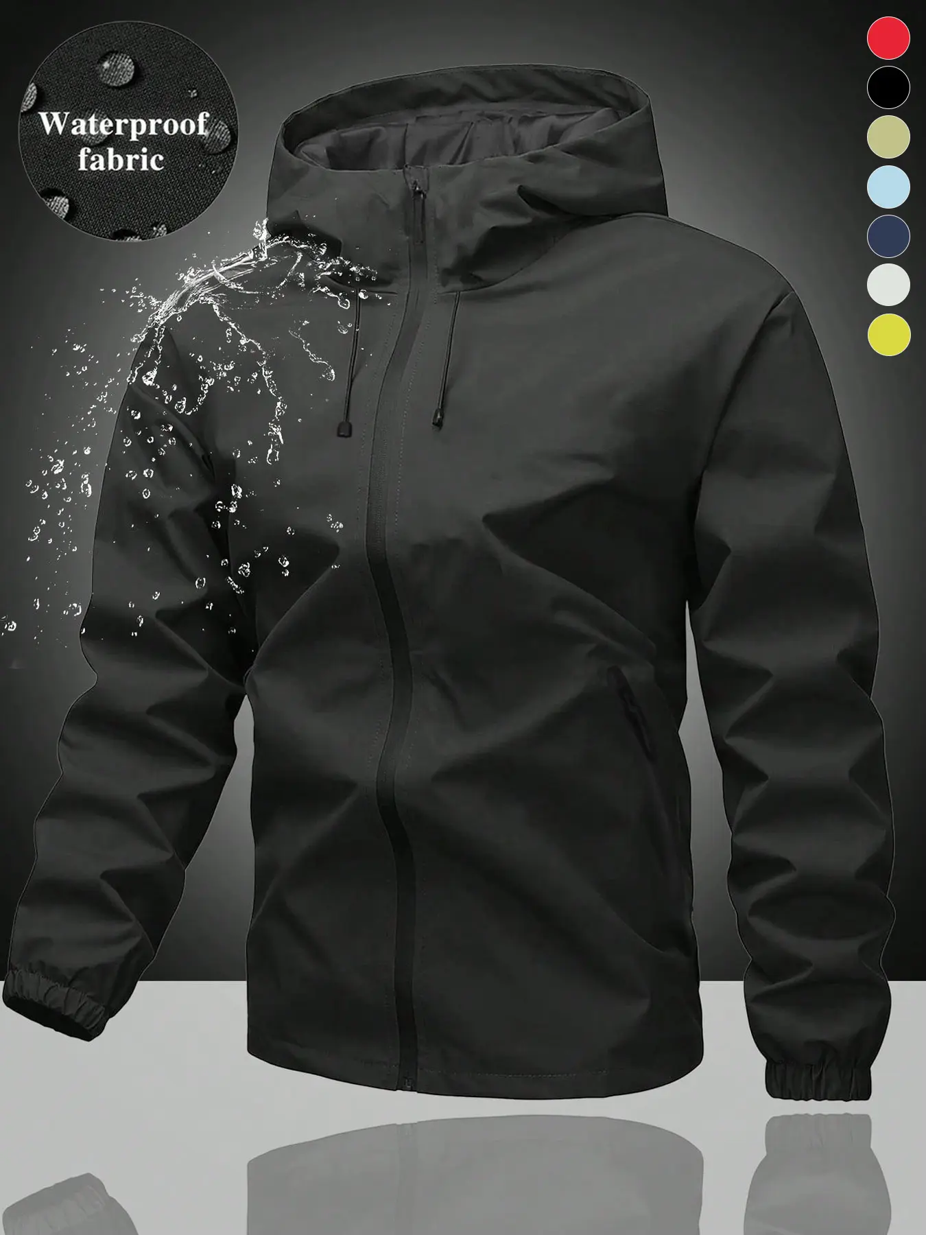 Men's Waterproof Windproof Drawstring Zipper Hooded Jacket, Outdoor Sports Coat, Hiking, Daily Wear, All Seasons, Fitted Style