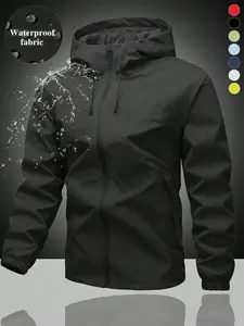 Men's Waterproof Windproof Drawstring Zipper Hooded Jacket, Outdoor Sports Coat, Hiking, Daily Wear, All Seasons, Fitted Style, Sports Outerwear