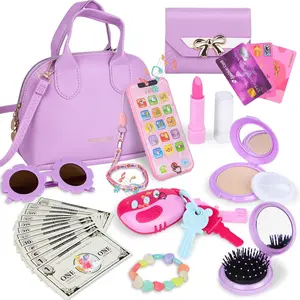 F-CPB15  Purple Play Purse for Little Girls Ages 3-6, My First Purse Toy with Handbag, Makeup Set, Sunglasses, Smartphone, Wallet, Car Keys, Credit Cards and Fake Money