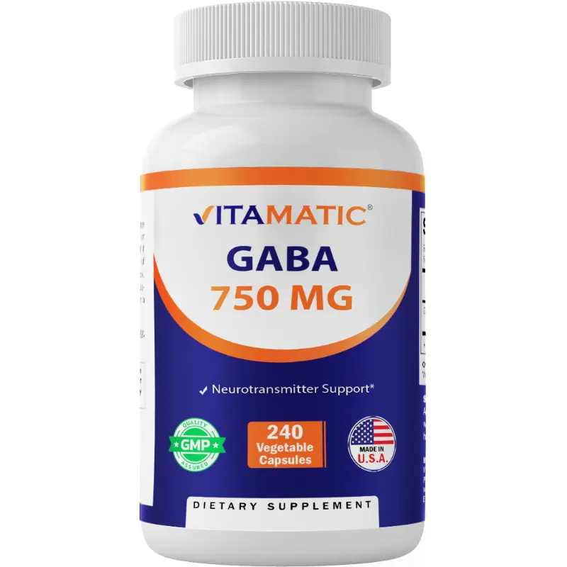 Vitamatic GABA (Gamma Aminobutyric Acid) Dietary Supplement for Adults - 750 mg Magnesium, 240 Vegetable Capsules, 240 Servings, GMP Certified, Neurotransmitter Support, Brain Health, Calm Aid, Non-GMO, Gluten Free, Sugar Free, Unflavored, Body Health, He