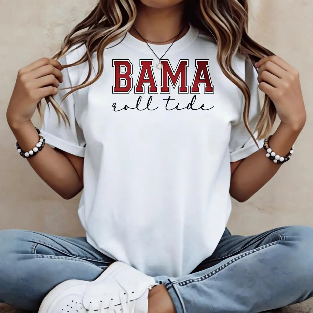 Women's Crew Neck Short Sleeve Tee Bama Roll Tide Script Print | 100% Soft Cotton Stretchy Comfort Fit Top | Casual Everyday Essential For Summer, Workout, Travel & Lounge