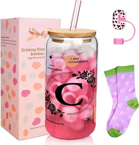 ANOTION Cute Cups -Ini-Tial Inspirational Gifts for Women Monogrammed Personalized Birthday Gifts for Women - Glass Coffee Cups with Lids and Straw Bamboo Drinkware