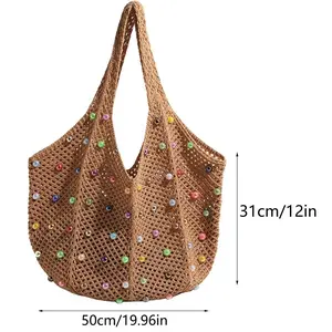 Handmade Crocheted Bag, Beautiful Summer Beach Tote Bag, Women's Knitted Shoulder Bag, Openwork Woven Crossbody Bag, Floral Pattern, Casual Vacation Shopping, Large Capacity Tote Bag