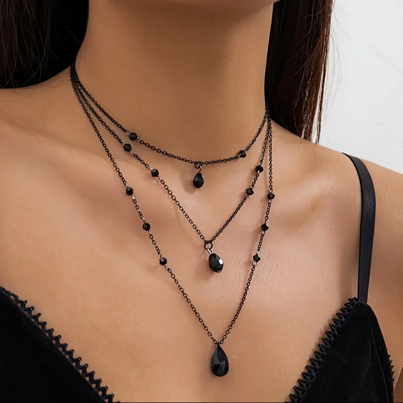 3 stylish gothic-style personalized black blood drop tassel necklaces with rhinestones, suitable for women to wear at parties, a great Christmas gift for good friends name plate
