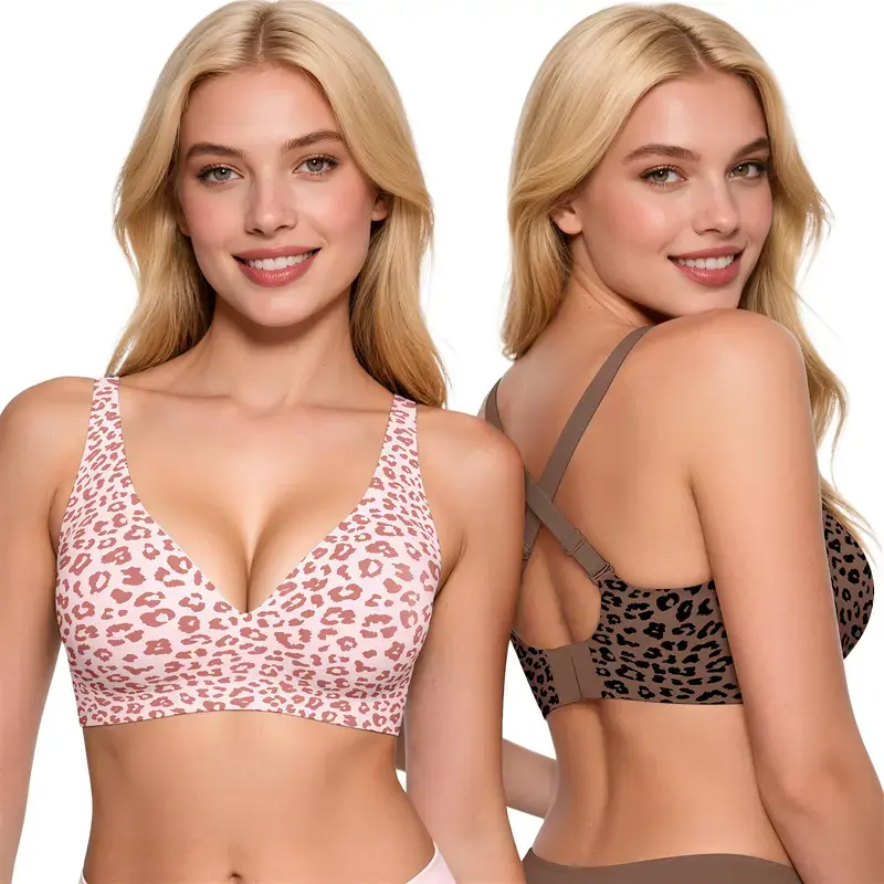 2PCS Seamless Leopard Print Jelly Bra, Women's Wireless Deep V Push Up Bralette with Multiway Straps Cross Back Straps soft everyday tshirt bra comfort lingerie