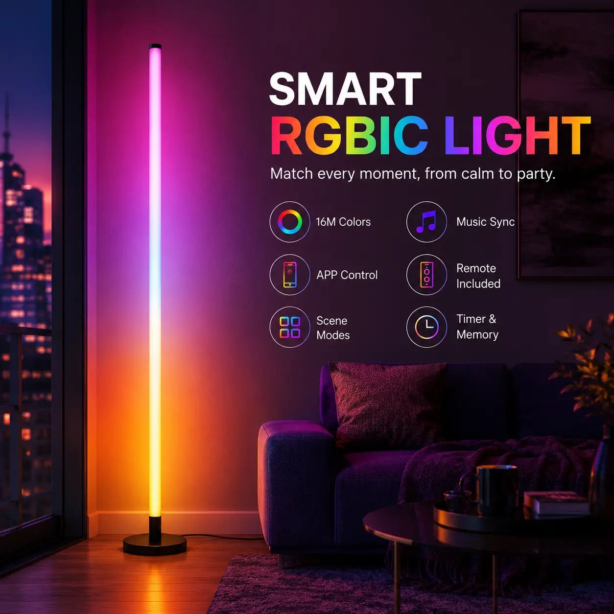 1PC/2PCS RGBIC Music Sync Floor Lamp, Slim LED Corner Accent Light with App and Remote Control for Gaming Setup, Bedroom, Living Room and Home Entertainment
